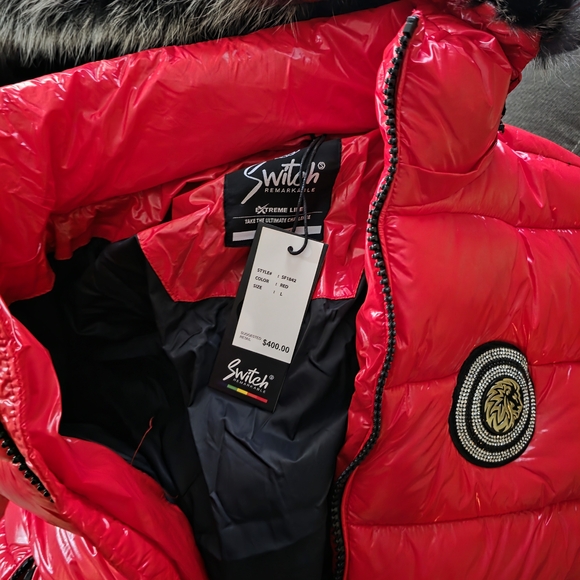 Women's Red Bomber Jacket with Fur Trim - Picture 4 of 5